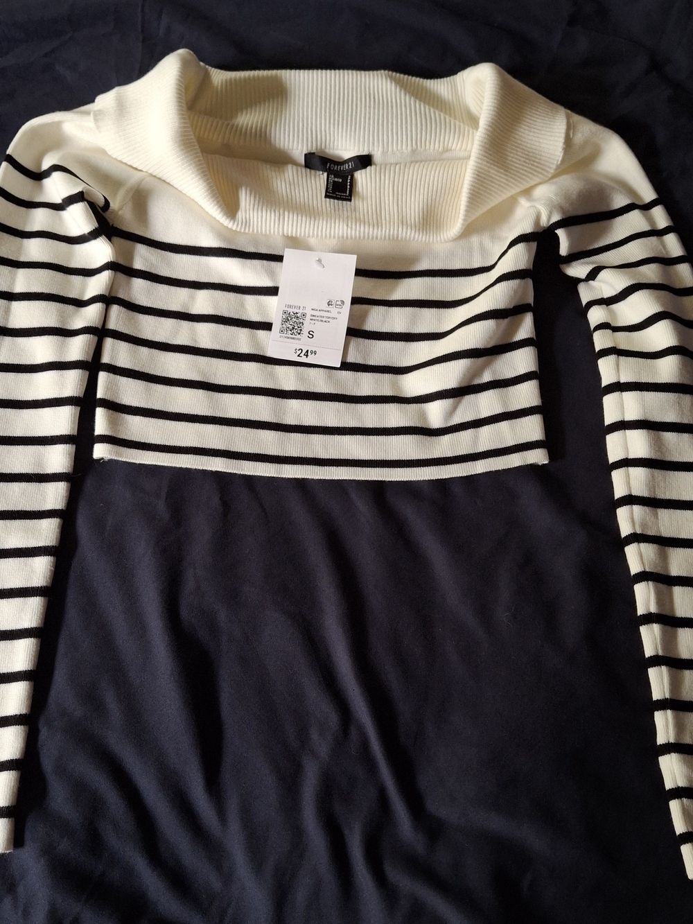 Forever 21 Cream & Black Striped Off-Shoulder Sweater